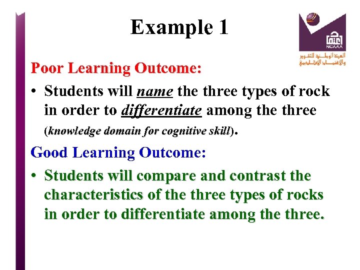 Example 1 Poor Learning Outcome: • Students will name three types of rock in