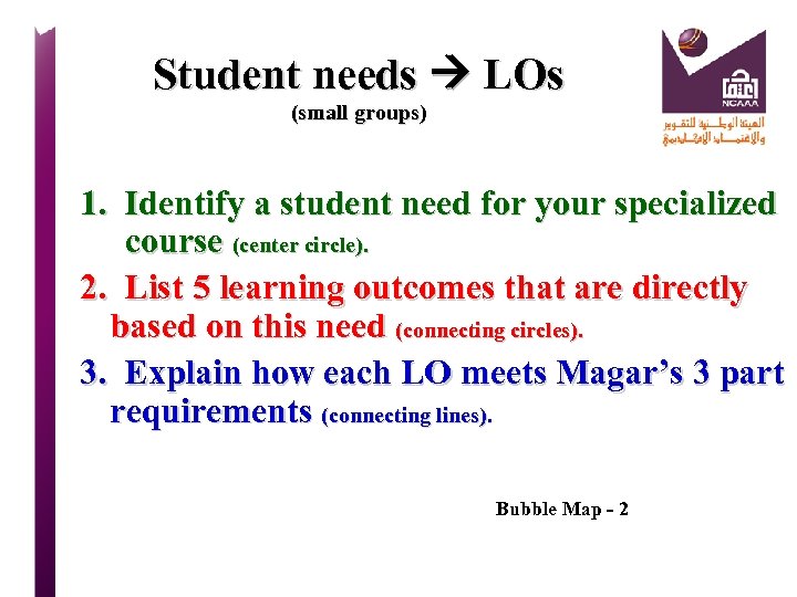 Student needs LOs (small groups) 1. Identify a student need for your specialized course