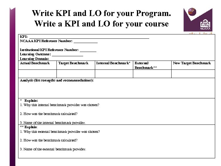 Write KPI and LO for your Program. Write a KPI and LO for your