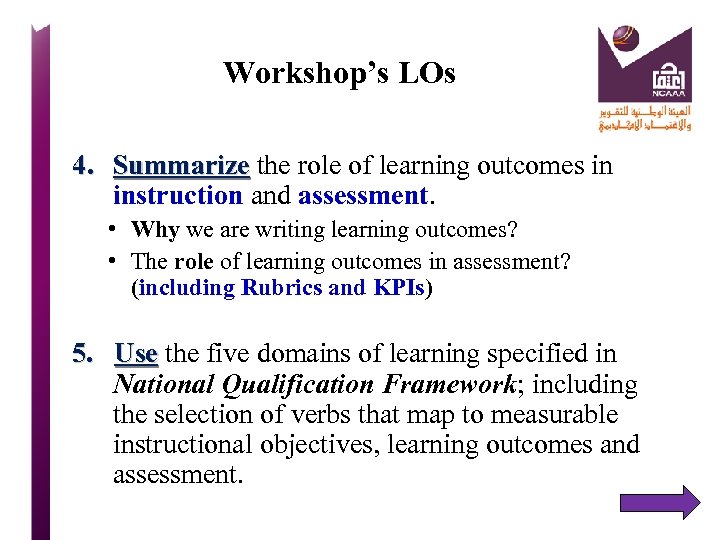 Workshop’s LOs 4. Summarize the role of learning outcomes in Summarize instruction and assessment.