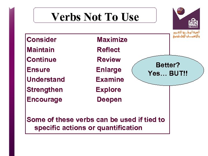 Verbs Not To Use Consider Maintain Continue Ensure Understand Strengthen Encourage Maximize Reflect Review