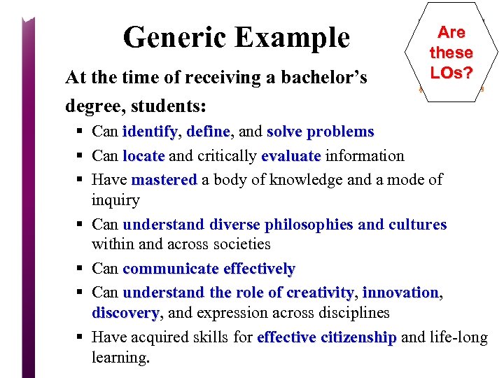 Generic Example At the time of receiving a bachelor’s degree, students: Are these LOs?