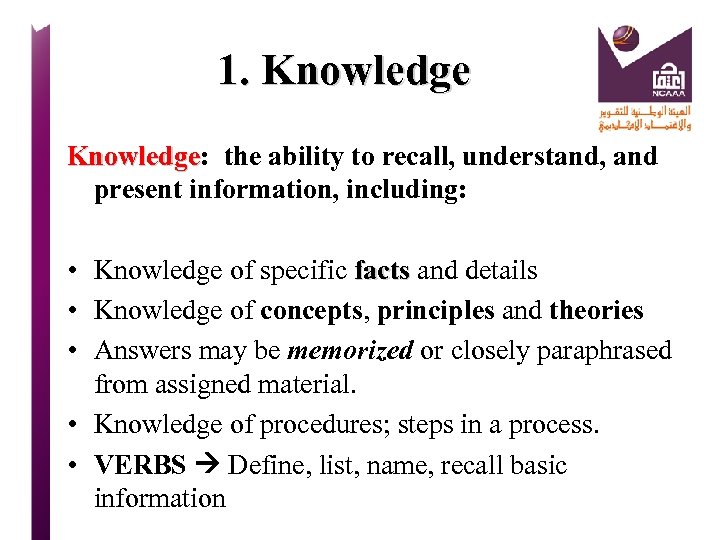 1. Knowledge: the ability to recall, understand, and Knowledge present information, including: • Knowledge