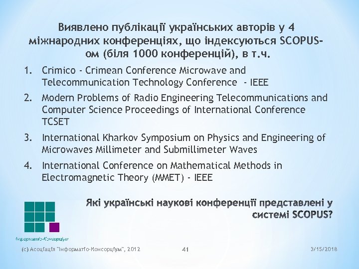 Виявлено публікації українських авторів у 4 міжнародних конференціях, що індексуються SCOPUSом (біля 1000 конференцій),