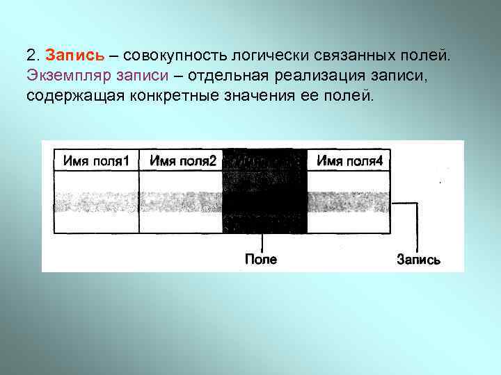 2. Запись – совокупность логически связанных полей. Экземпляр записи – отдельная реализация записи, содержащая