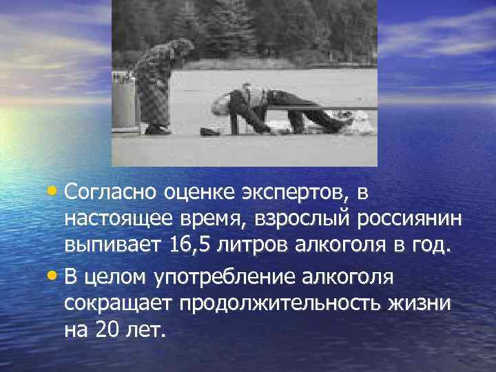  • Согласно оценке экспертов, в настоящее время, взрослый россиянин выпивает 16, 5 литров