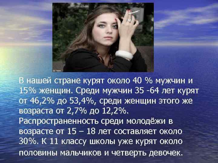 В нашей стране курят около 40 % мужчин и 15% женщин. Среди мужчин 35