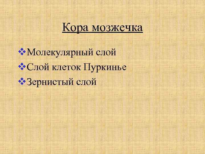 Кора мозжечка v. Молекулярный слой v. Слой клеток Пуркинье v. Зернистый слой 