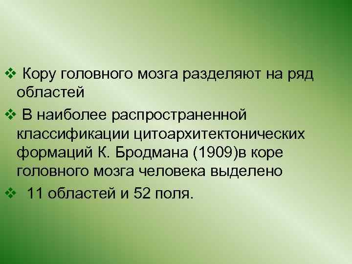 v Кору головного мозга разделяют на ряд областей v В наиболее распространенной классификации цитоархитектонических