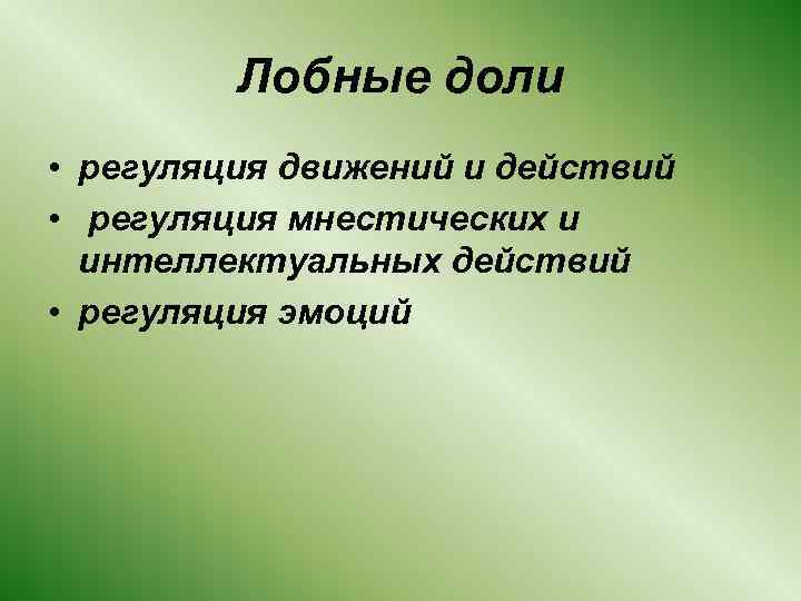 Лобные доли • регуляция движений и действий • регуляция мнестических и интеллектуальных действий •