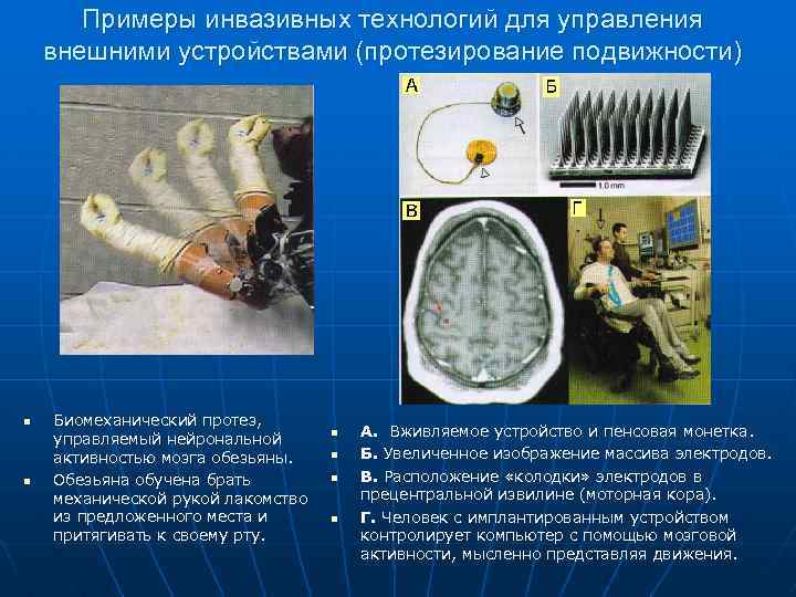 Примеры инвазивных технологий для управления внешними устройствами (протезирование подвижности) n n Биомеханический протез, управляемый