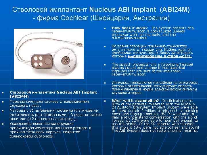 Стволовой имплантант Nucleus ABI Implant (ABI 24 M) - фирма Cochlear (Швейцария, Австралия) n