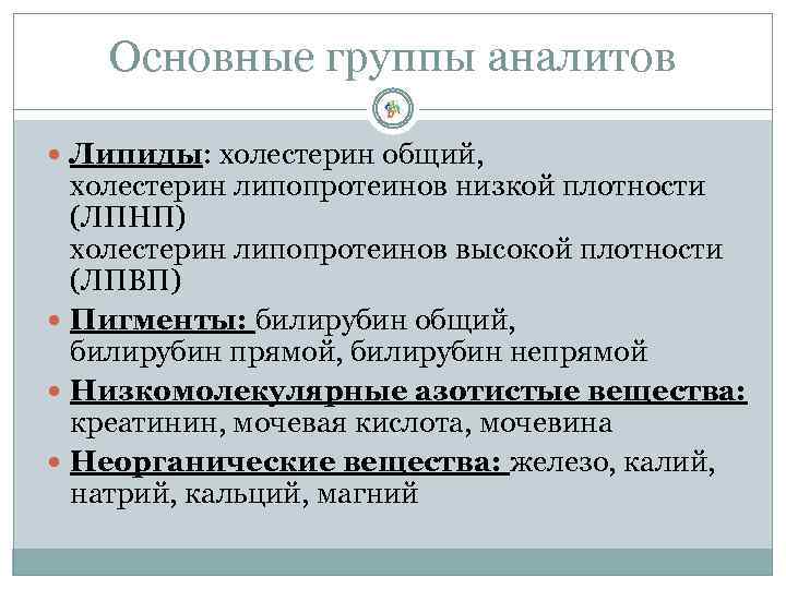 Основные группы аналитов Липиды: холестерин общий, холестерин липопротеинов низкой плотности (ЛПНП) холестерин липопротеинов высокой