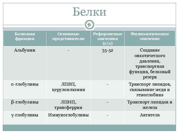 Белки Белковая фракция Основные представители Референсные значения (г/л) Физиологическое значение Альбумин - 35 -52