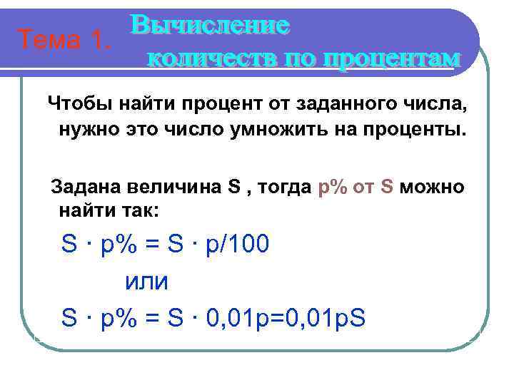 Тема 1. Чтобы найти процент от заданного числа, нужно это число умножить на проценты.