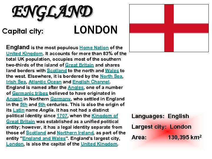 ENGLAND Capital city: LONDON England is the most populous Home Nation of the United