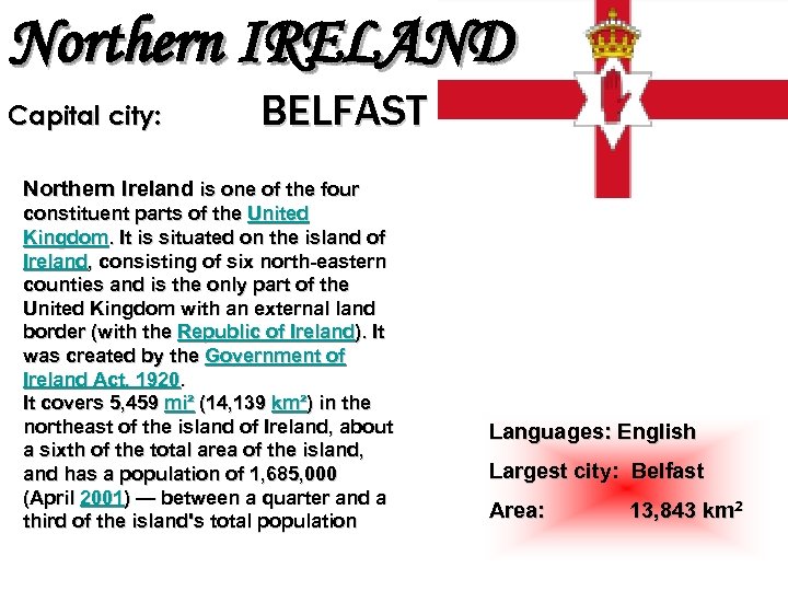 Northern IRELAND Capital city: BELFAST Northern Ireland is one of the four constituent parts