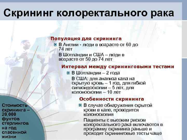 Скрининг колоректального рака Популяция для скрининга В Англии - люди в возрасте от 60