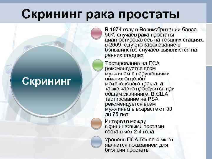 Скрининг рака простаты В 1974 году в Великобритании более 50% случаев рака простаты диагностировалось