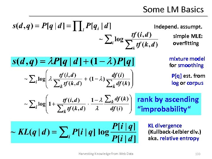 Some LM Basics independ. assumpt. simple MLE: overfitting mixture model for smoothing P[q] est.