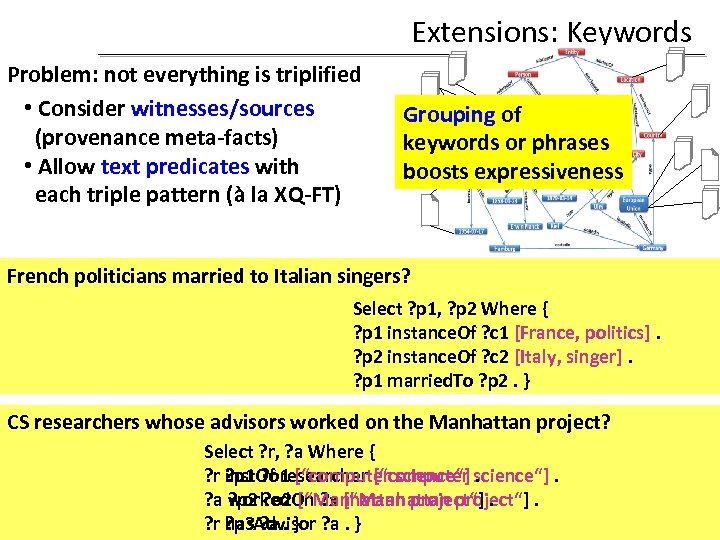 Extensions: Keywords Problem: not everything is triplified • Consider witnesses/sources (provenance meta-facts) • Allow
