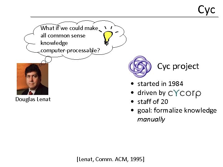 Cyc What if we could make all common sense knowledge computer-processable? Cyc project Douglas