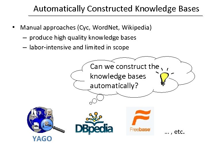 Automatically Constructed Knowledge Bases • Manual approaches (Cyc, Word. Net, Wikipedia) – produce high