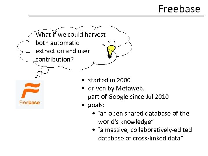 Freebase What if we could harvest both automatic extraction and user contribution? • started