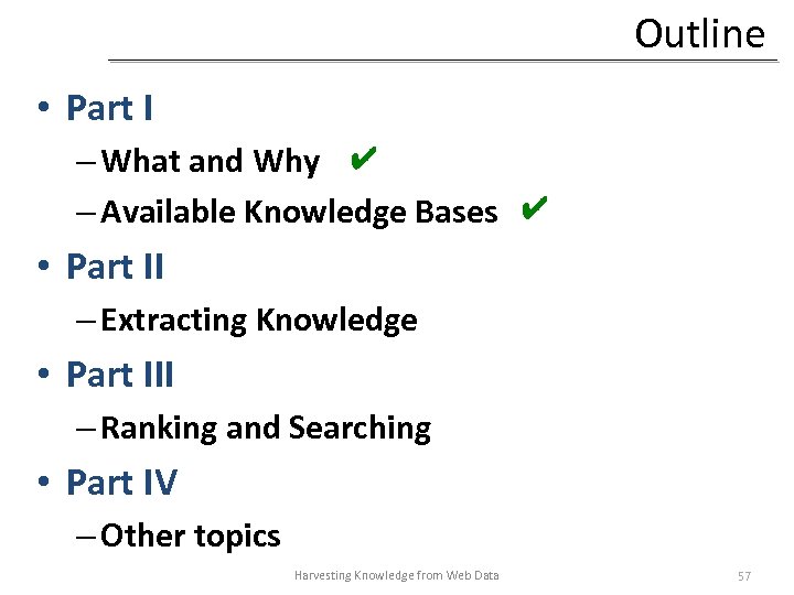 Outline • Part I – What and Why ✔ – Available Knowledge Bases ✔