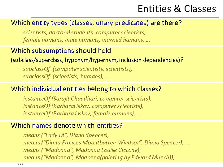 Entities & Classes Which entity types (classes, unary predicates) are there? scientists, doctoral students,