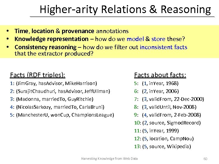 Higher-arity Relations & Reasoning • Time, location & provenance annotations • Knowledge representation –