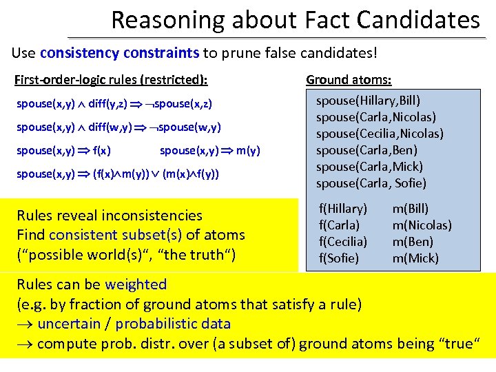 Reasoning about Fact Candidates Use consistency constraints to prune false candidates! First-order-logic rules (restricted):