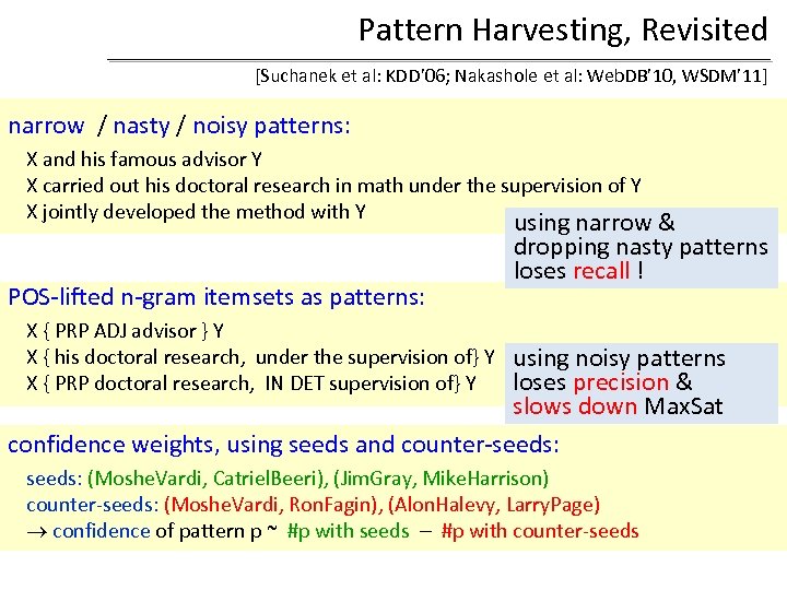 Pattern Harvesting, Revisited [Suchanek et al: KDD’ 06; Nakashole et al: Web. DB’ 10,