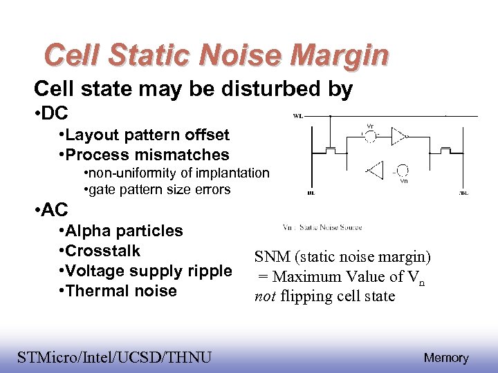 Cell Static Noise Margin Cell state may be disturbed by • DC • Layout