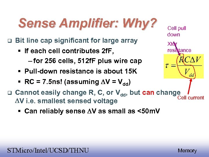 Sense Amplifier: Why? Cell pull down Bit line cap significant for large array If
