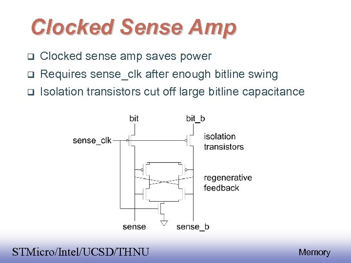 Clocked Sense Amp Clocked sense amp saves power Requires sense_clk after enough bitline swing