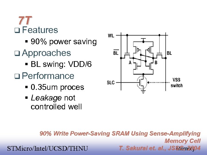 7 T Features 90% power saving Approaches BL swing: VDD/6 Performance 0. 35 um