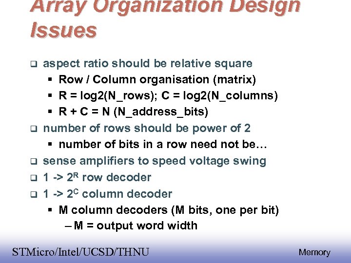 Array Organization Design Issues aspect ratio should be relative square Row / Column organisation