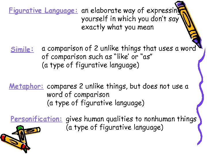 Figurative Language: an elaborate way of expressing yourself in which you don’t say exactly