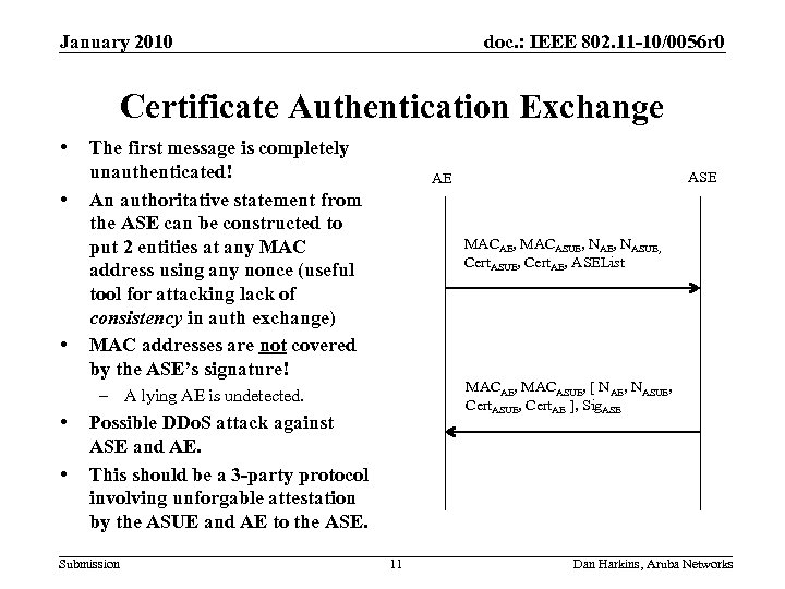 January 2010 doc. : IEEE 802. 11 -10/0056 r 0 Certificate Authentication Exchange •