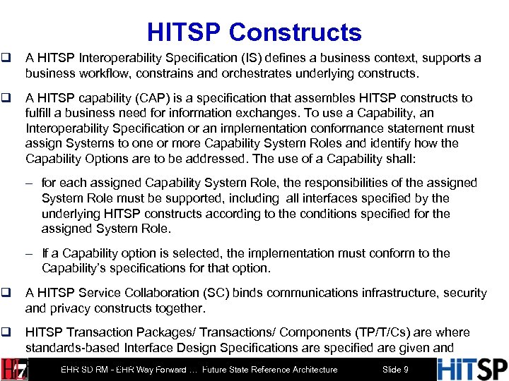 HITSP Constructs q A HITSP Interoperability Specification (IS) defines a business context, supports a