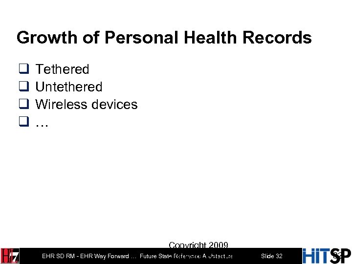 Growth of Personal Health Records q q Tethered Untethered Wireless devices … Copyright 2009