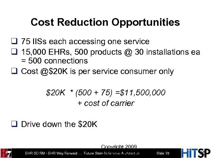 Cost Reduction Opportunities q 75 IISs each accessing one service q 15, 000 EHRs,