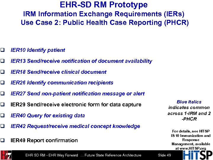 EHR-SD RM Prototype IRM Information Exchange Requirements (IERs) Use Case 2: Public Health Case