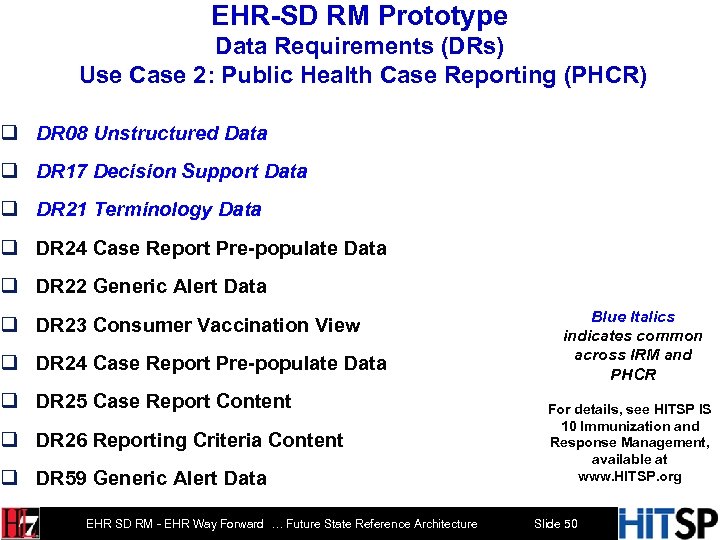 EHR-SD RM Prototype Data Requirements (DRs) Use Case 2: Public Health Case Reporting (PHCR)