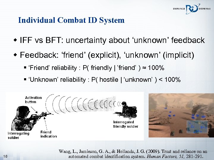 Individual Combat ID System w IFF vs BFT: uncertainty about ‘unknown’ feedback w Feedback: