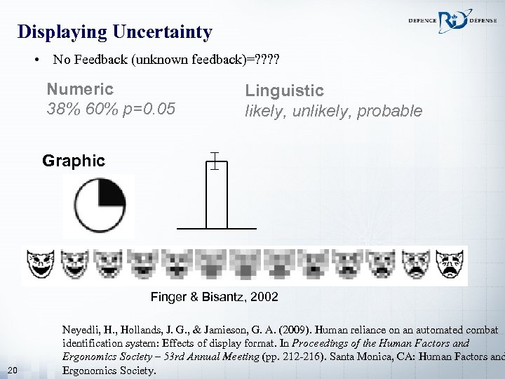 Displaying Uncertainty • No Feedback (unknown feedback)=? ? Numeric 38% 60% p=0. 05 Linguistic