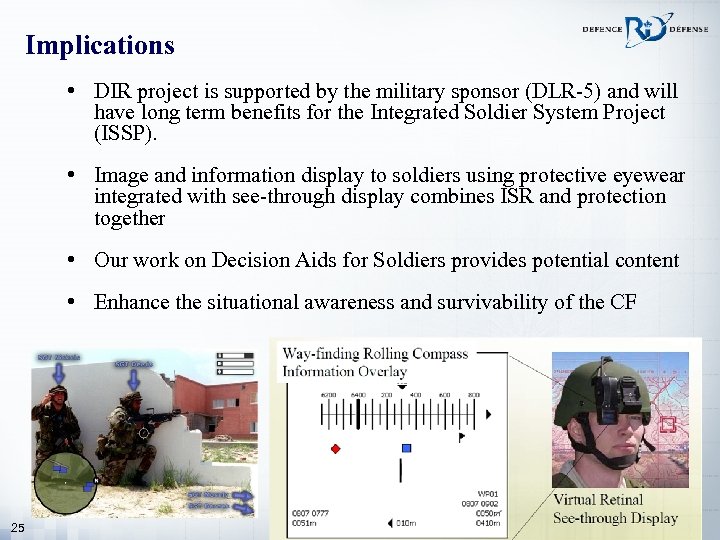 Implications • DIR project is supported by the military sponsor (DLR-5) and will have