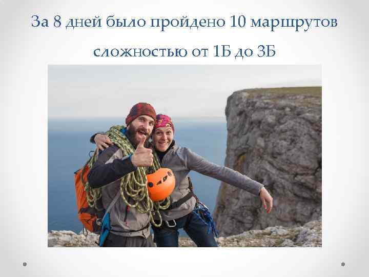 За 8 дней было пройдено 10 маршрутов сложностью от 1 Б до 3 Б