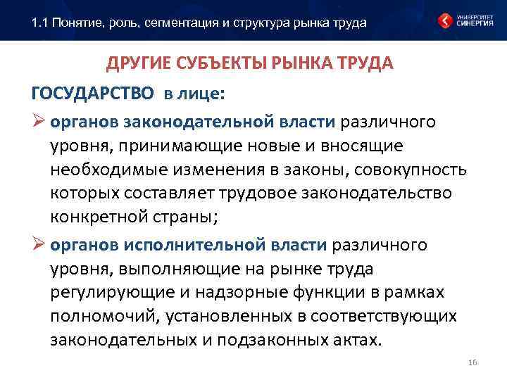 1. 1 Понятие, роль, сегментация и структура рынка труда ДРУГИЕ СУБЪЕКТЫ РЫНКА ТРУДА ГОСУДАРСТВО